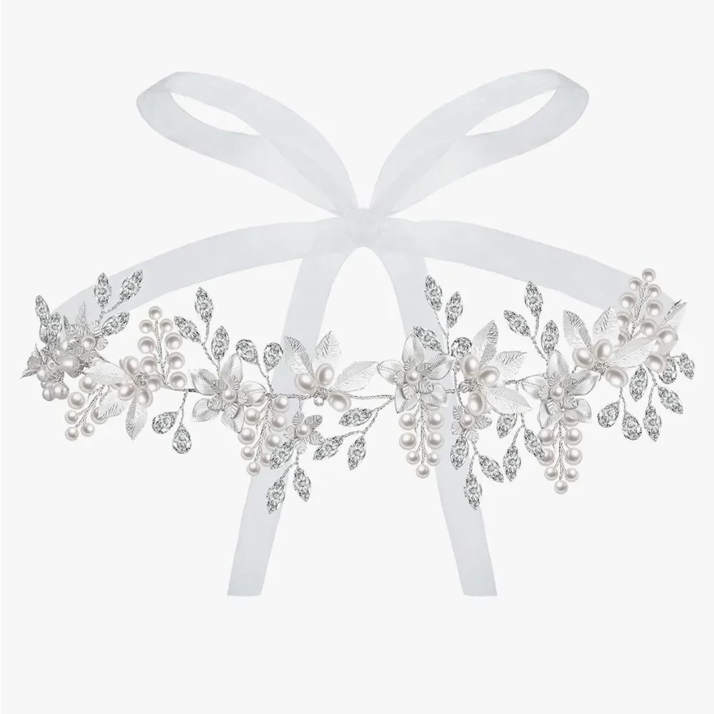 Bridal Belt or Hair Vine Headband Silver Pearl